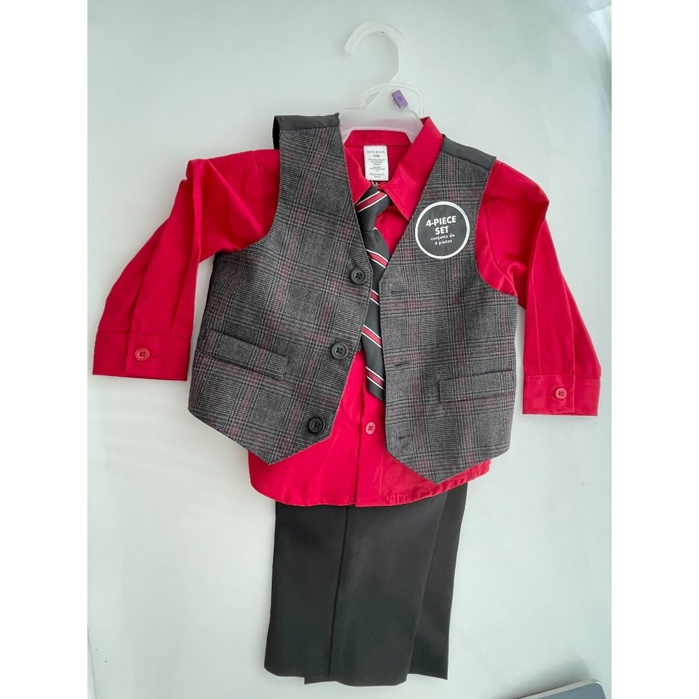 George Boy's 12M - Red/Black 4 Piece Suit Set- Vest- Shirt- Tie - Slacks - NEW